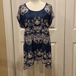 Westport, blue and white, handkerchief, hem, crisscross, back, blouse,